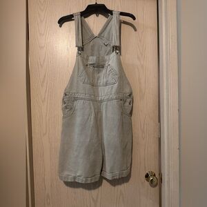 Vintage 90s No Excuses Khaki Denim Overalls Shorts size 10/12 L 100% Cotton y2k